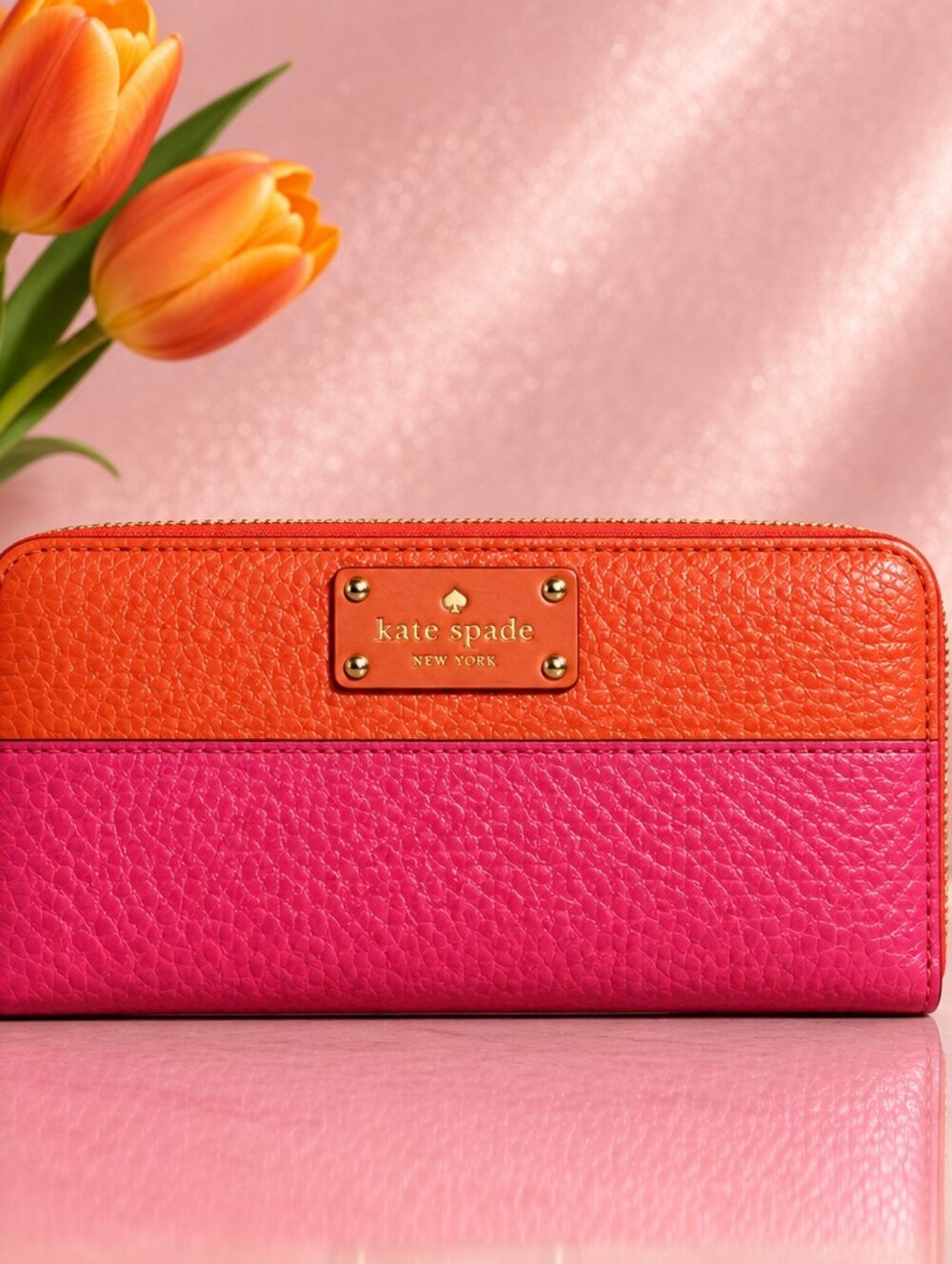 Kate Spade Pink Orange Leather Zip Wallet